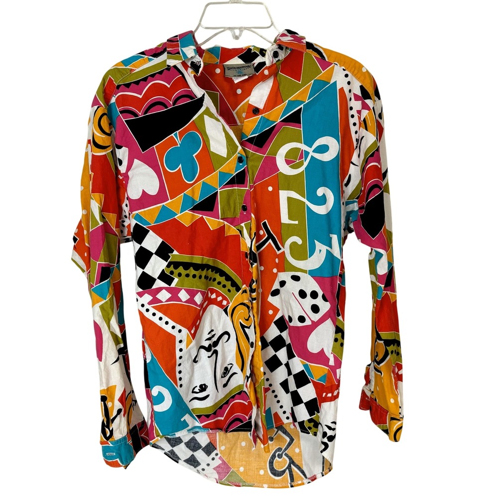 Colorful Cards and Dice Themed Long Sleeve Button Down Blouse Women's Small‎